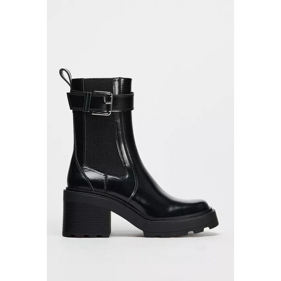 Zara Women Buckled Chelsea Mid-Calf Length Boots Black US 8 EU 39 New 2112/410 - Picture 1 of 12